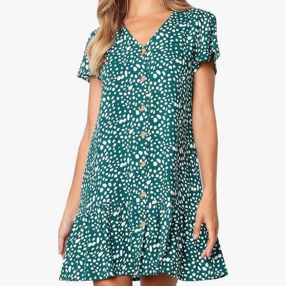 Green and White Short Sleeve Patterned Ruffle Mini Dress - Picture 2 of 11